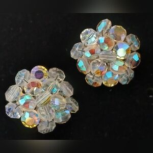 Vintage Aurora Borealis Bead Cluster Clip On Earrings
